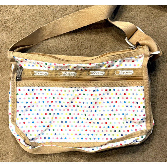 LeSportsac Crossbody Bag Polka Dots 2 Main Zip Compartments 3 Outer Zip Pockets - Picture 2 of 9